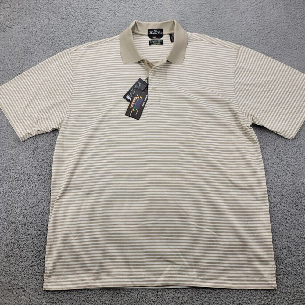 Heritage‎ Cross Shirt Mens 2XL Tan Dri-Fit Striped Gold Short Sleeve Polo